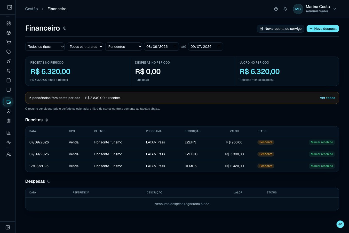 Tela real do financeiro do ROTA360 com receitas, despesas e valores a receber